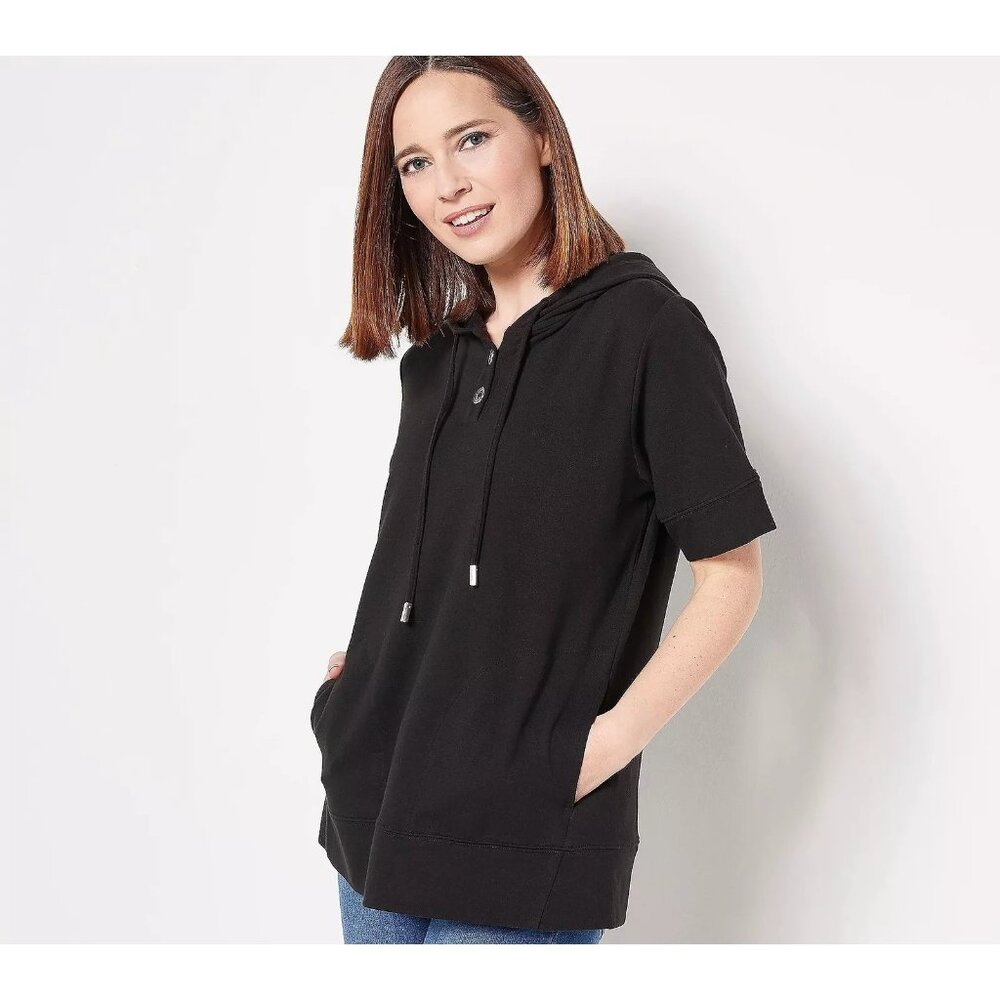 Joan Rivers French Terry Short Sleeve Hoodie Womens XS Black Cotton Blend NEW